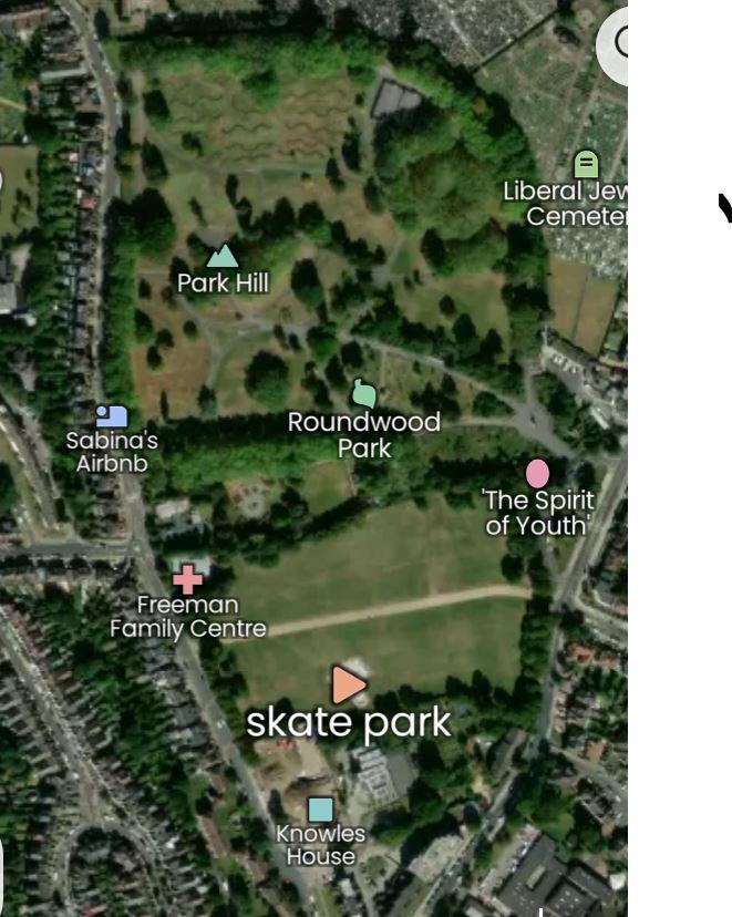 A colour image of a map from today showing the area of Roundwood and Roundwood Skate Park.