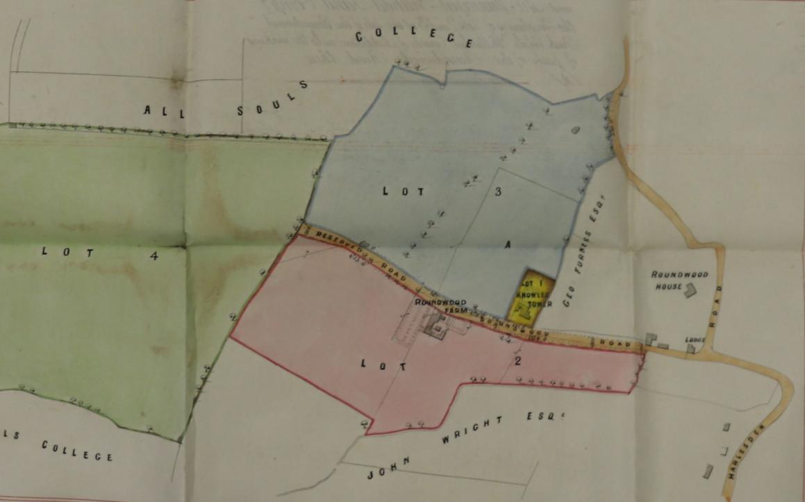 Colour image of an historic map showing land and areas labelled Lot 2, Lot 3 and Lot 4, coloured in red, blue and green respectively. Also marked on the map are Roundwood Farm, Knowles Tower and Roundwood House, Roundwood Road, and Harlesden Road. Other areas of the map are labelled with the names of their land owners: All Soul’s College, George Furness and John Wright.