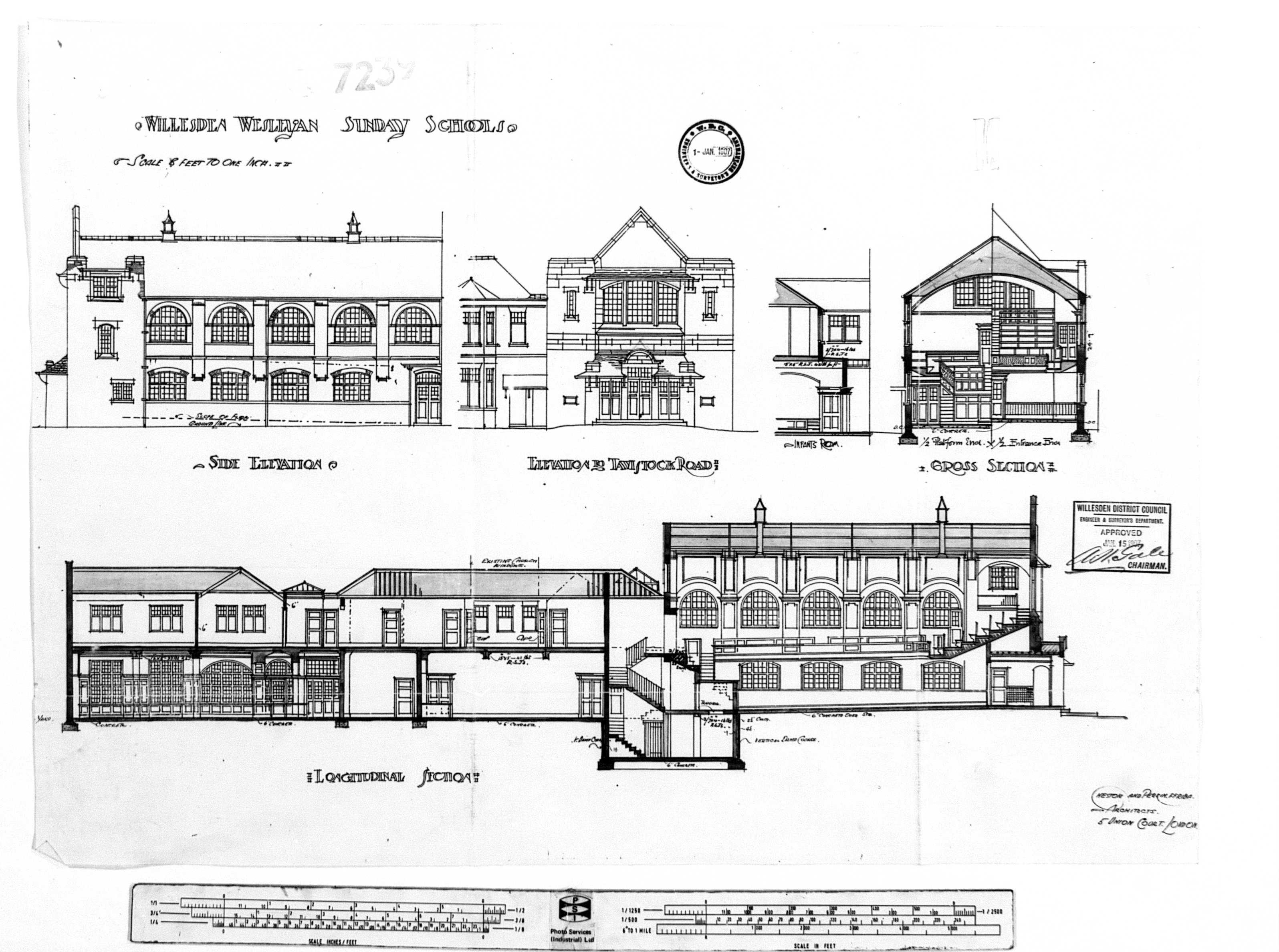 Black and white image of architectural line drawings of a building, annotated, ‘Elevation for Tavistock Road.’ and ‘Willesden Wesleyan Sunday School’.
