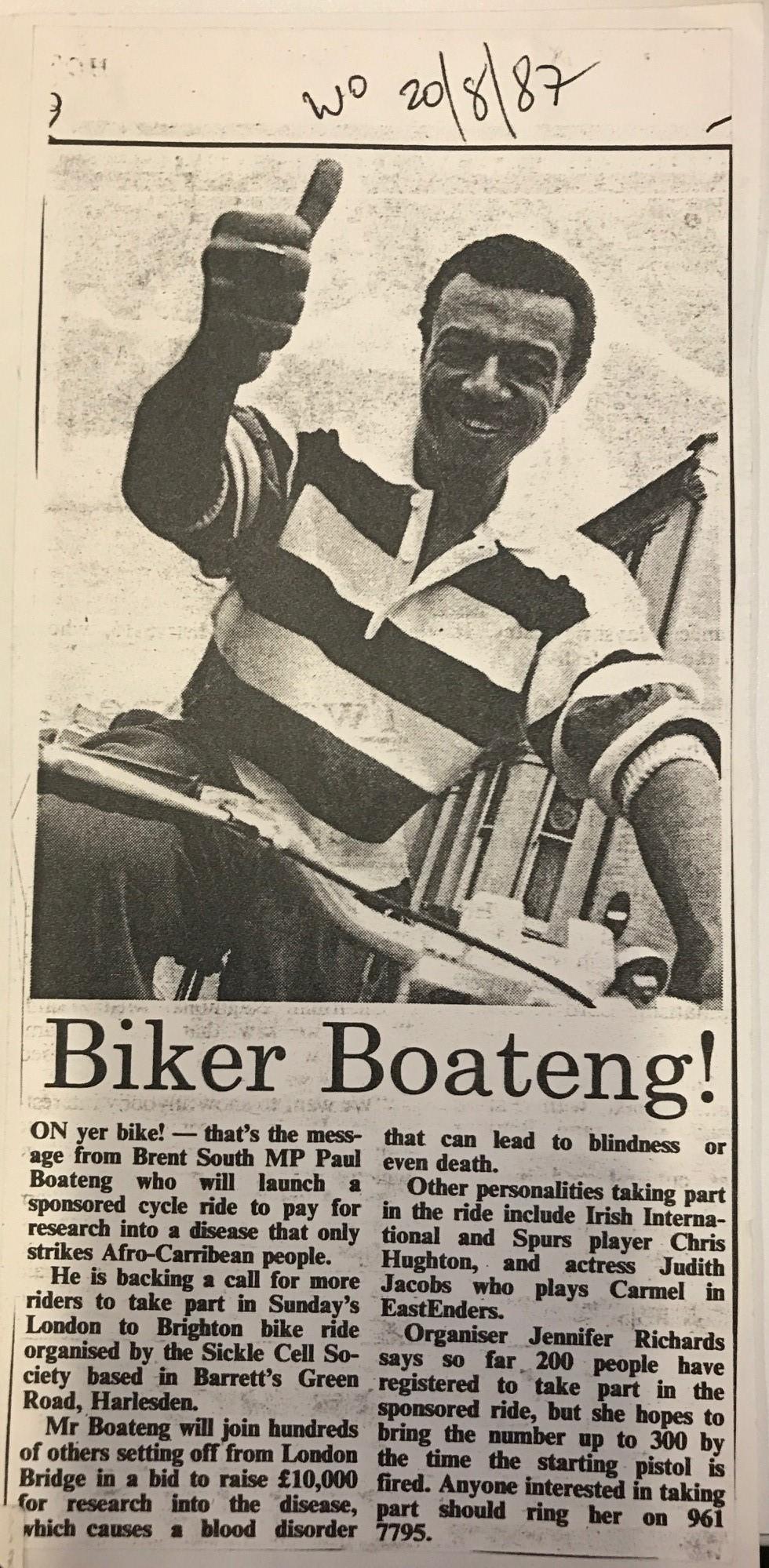 Newspaper article titled, ‘Biker Boateng!’ with a picture of a young Paul Boateng on a bicycle with his thumb up.