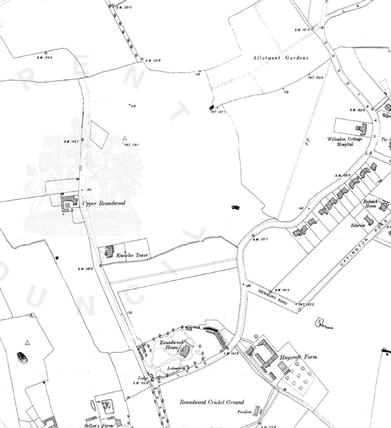 Historic Ordnance Survey Map showing the area of the Roundwood Estate in the 1890s, with Upper Roundwood, Knowles Tower and Roundwood House marked, as well as Haycroft Farm and Roundwood Cricket Ground
