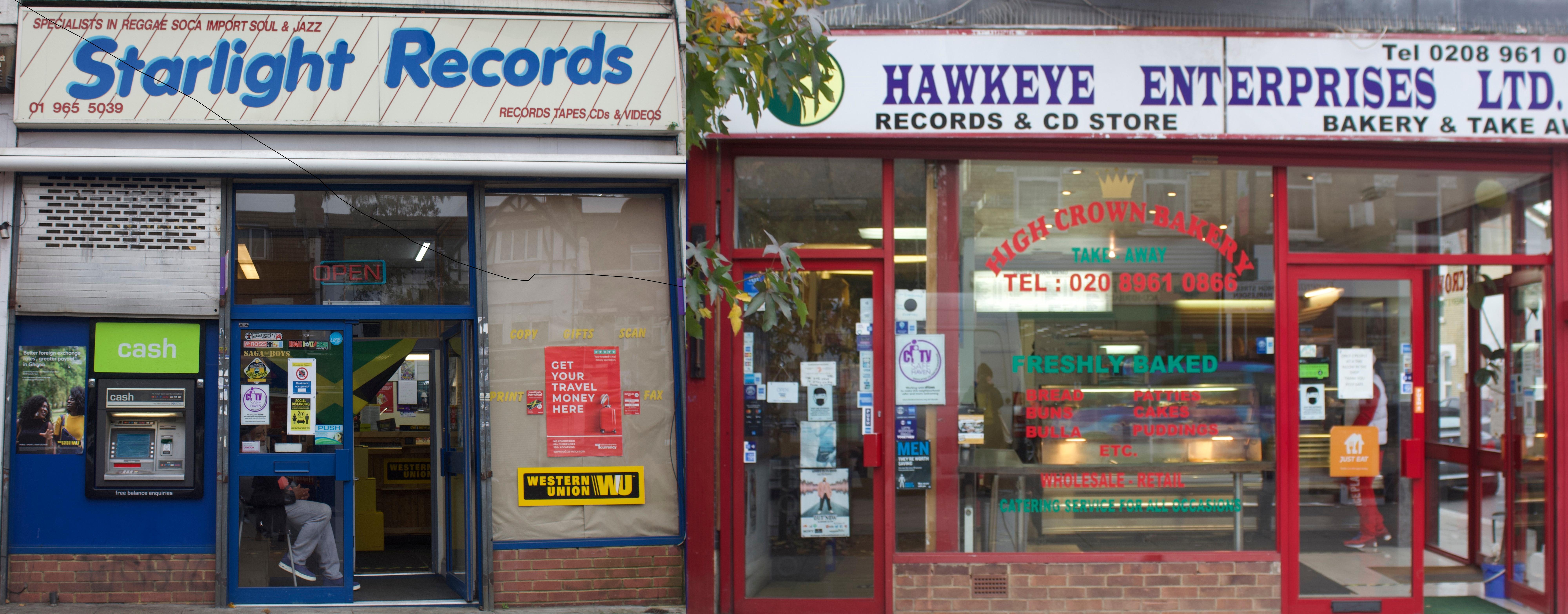 Colour photographs of two shopfronts in Harlesden, ‘Starlight Records’ and ‘Hawkeye Enterprises Ltd’.