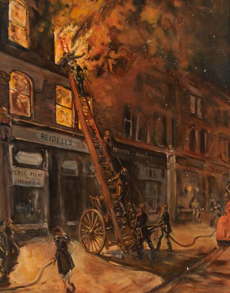 Colour reproduction of a painting depicting a fire in a flat above a shop, with a person with their arms raised at the window, and fire fighters with a ladder below. The shop sign reads, ‘Reidell’s’ and another sign reads, ‘horse meat is cheaper’.